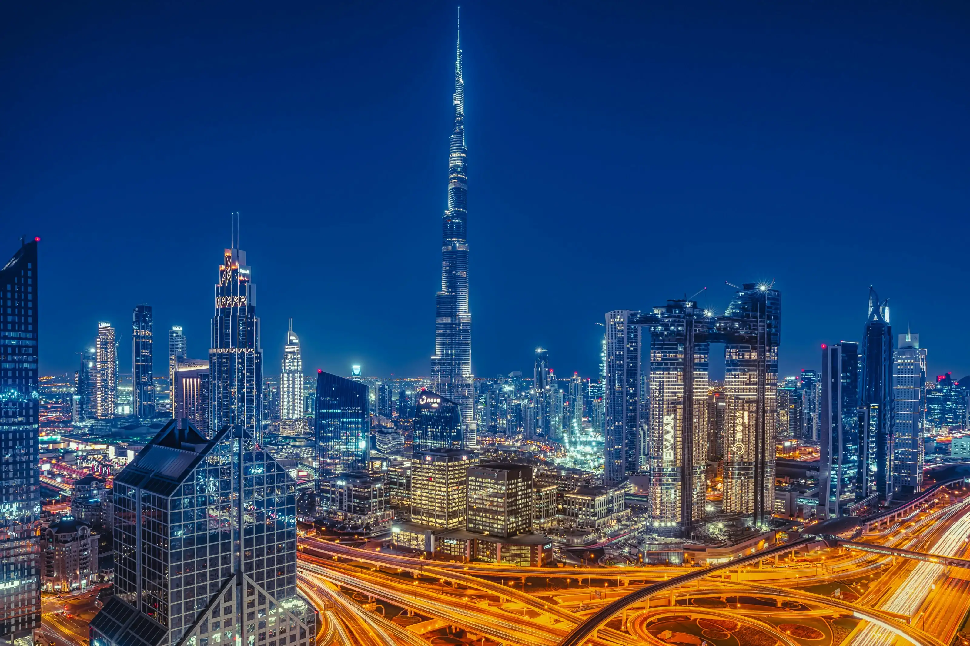 Dubai skyline with the Burj Khalifa at dusk