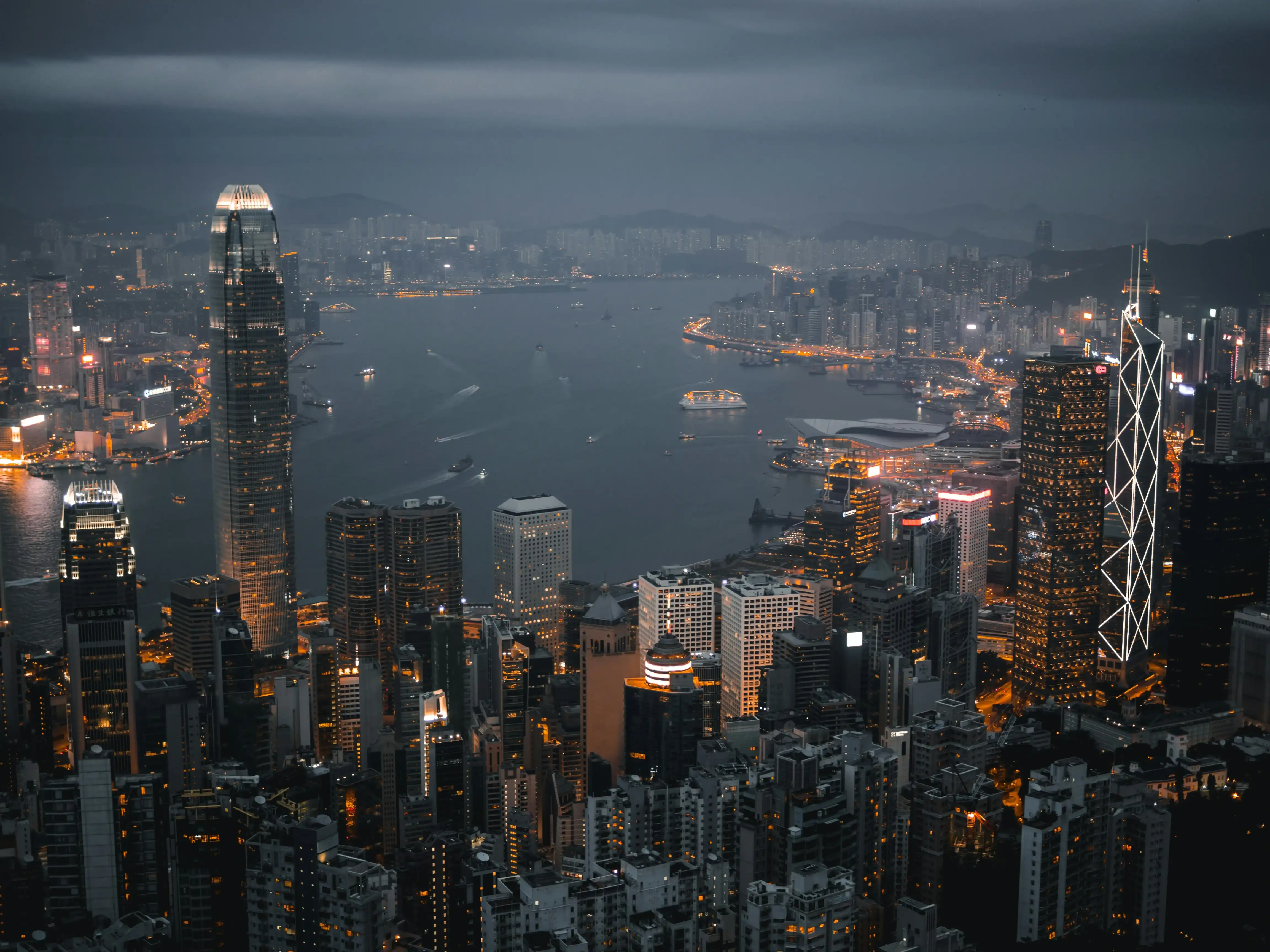 Hong Kong harbour and financial-district skyline at night